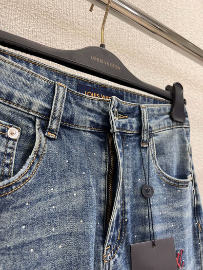 25FW rhinestone logo embroidered denim pants