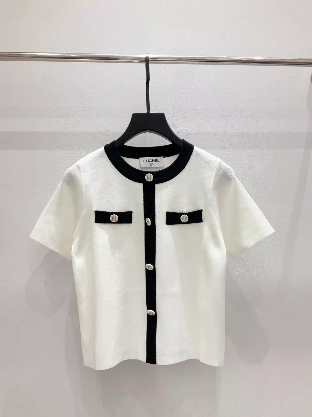 25fw Color blocked knitted short sleeved shirt