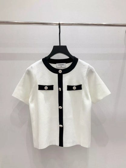 25fw Color blocked knitted short sleeved shirt