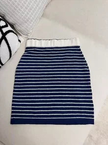 25 Summer new dark blue striped sweater suspender top + skirt set