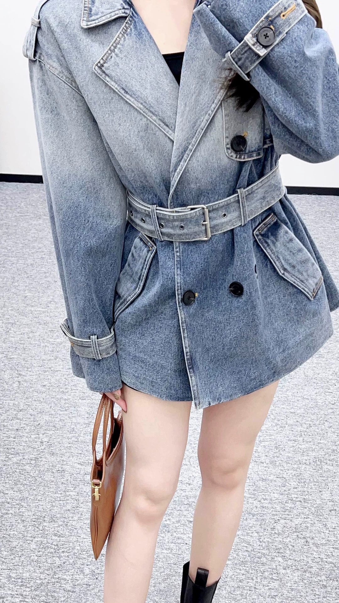 Printed denim mid length jacket