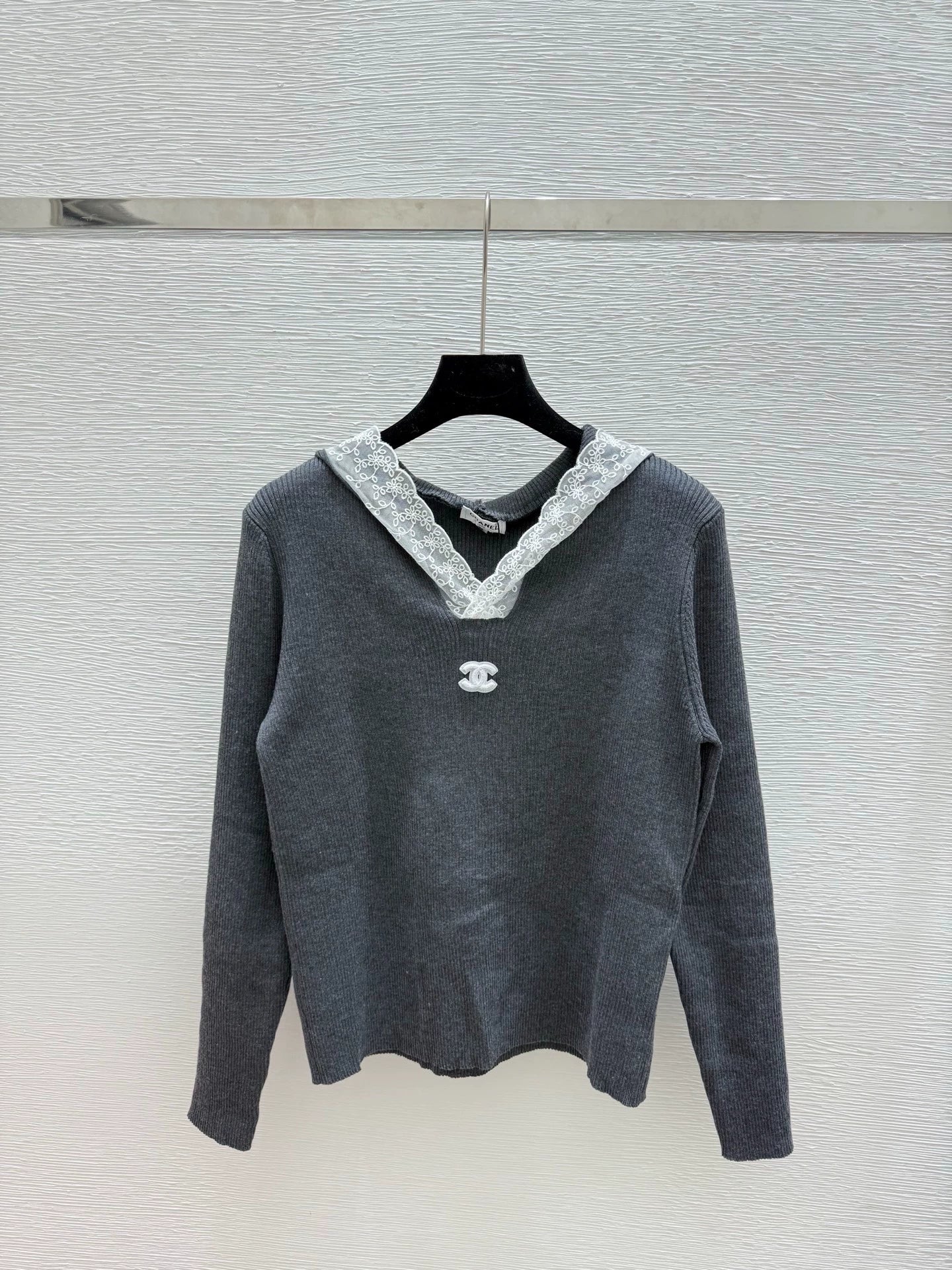 25fw Lace patchwork hooded knit sweater
