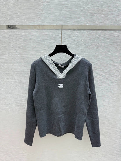 25fw Lace patchwork hooded knit sweater