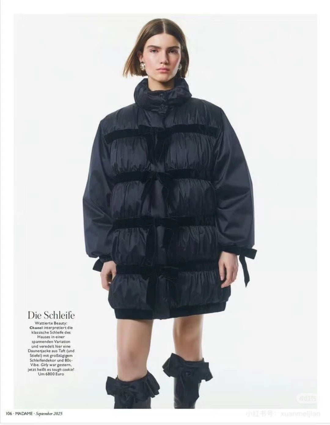 Velvet bow mid length down jacket