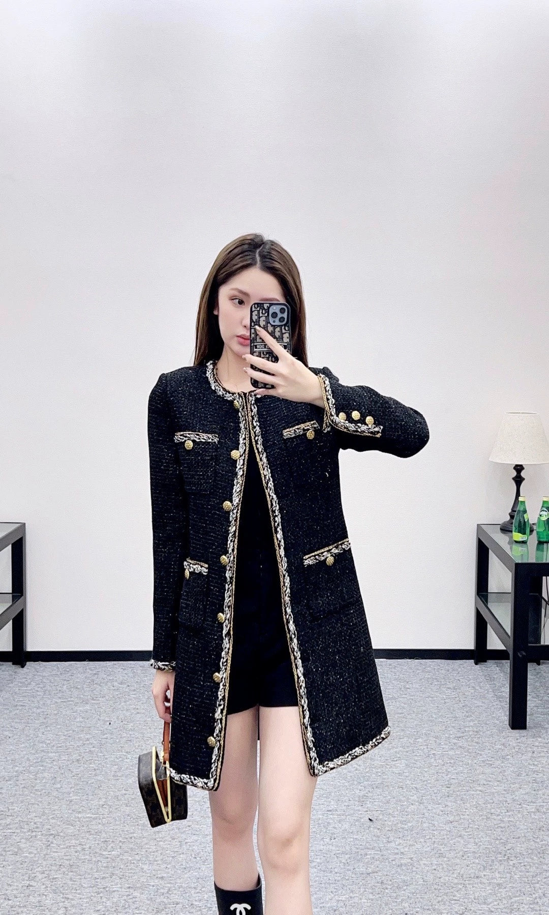 Round neck tied edge woven long jacket