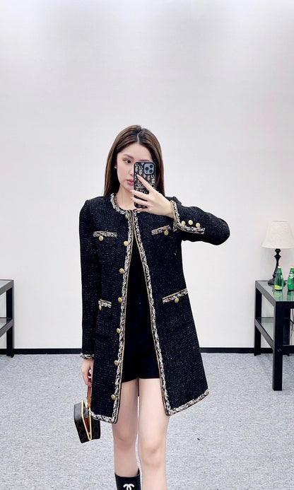 Round neck tied edge woven long jacket