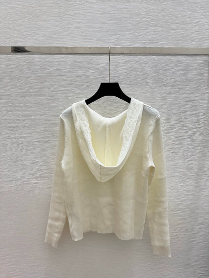 25fw Lace patchwork hooded knit sweater