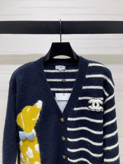 Striped V-neck long sleeved knitted cardigan