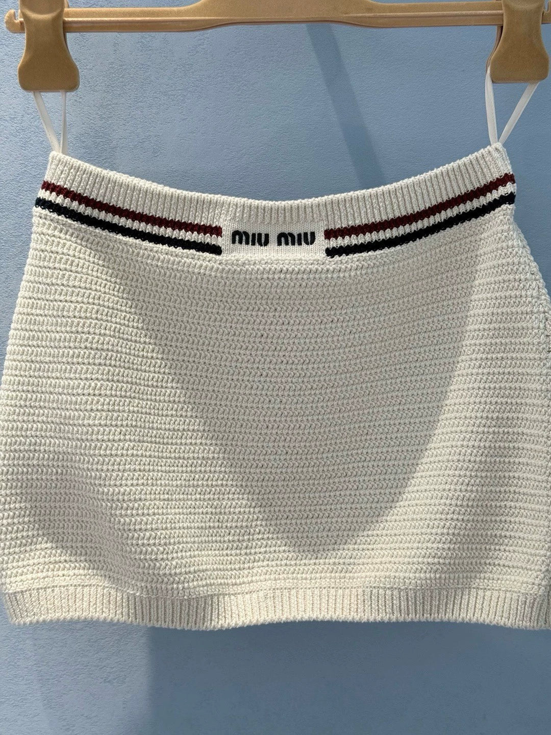 25 Summer new color matching ribbon pure cotton knitted suspender skirt suit