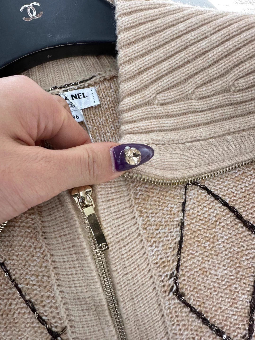 Large collar diamond grid zipper knitted jacket