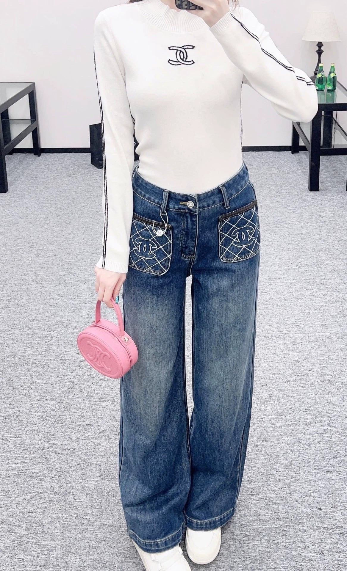 Lingge logo pocket denim straight leg pants