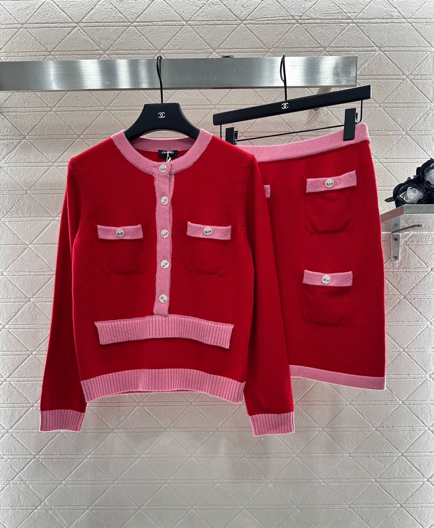 25fw Color blocking pocket knitted suit