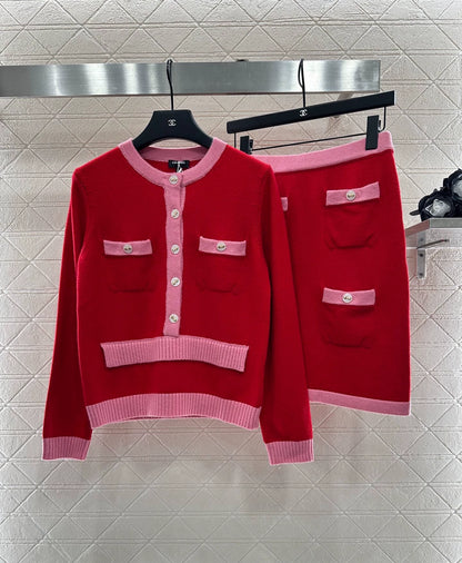 25fw Color blocking pocket knitted suit