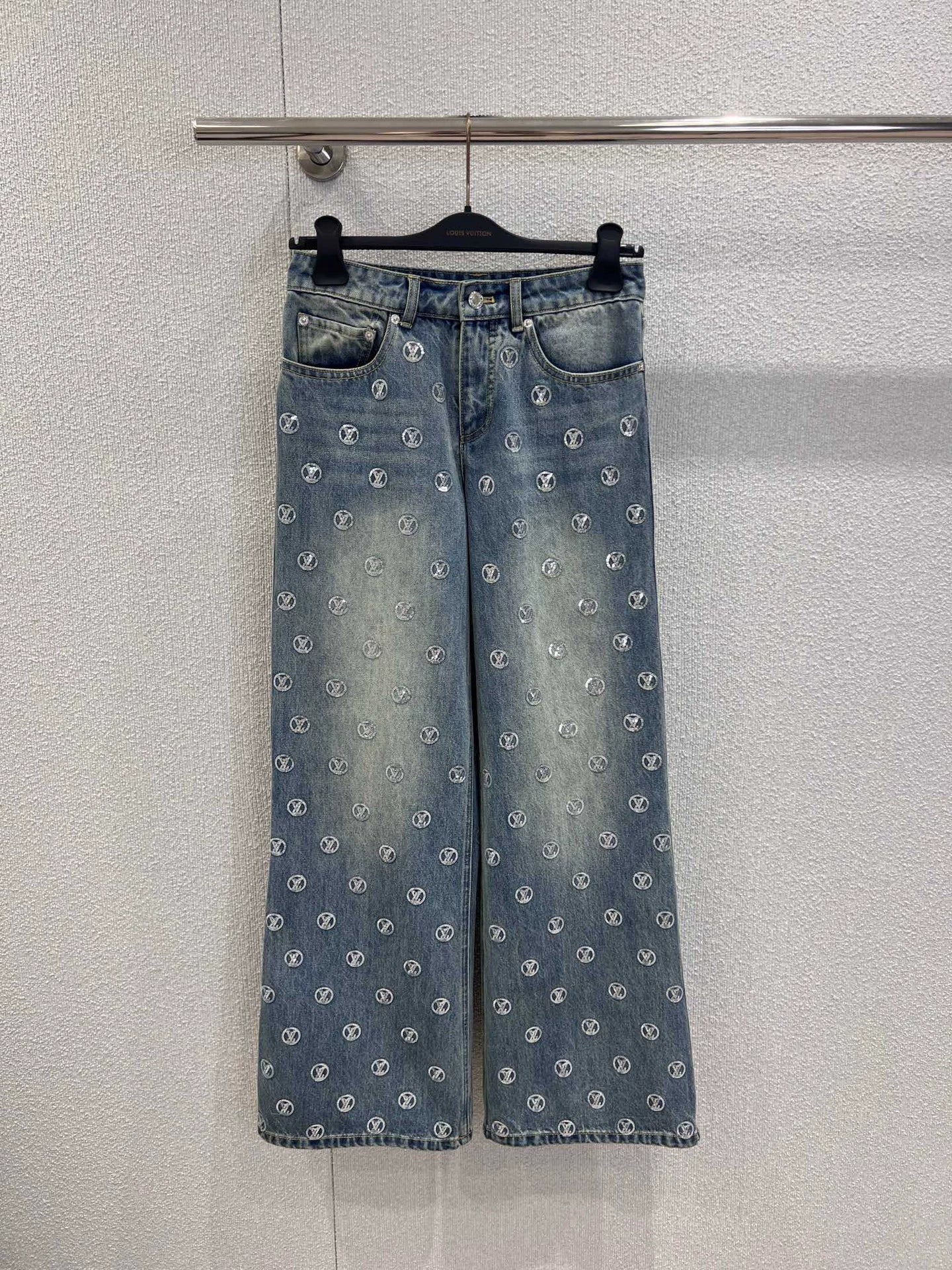 Monogram Sequin Wide-Leg Denim Pants