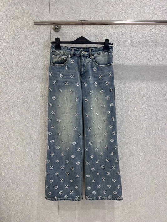 Monogram Sequin Wide-Leg Denim Pants