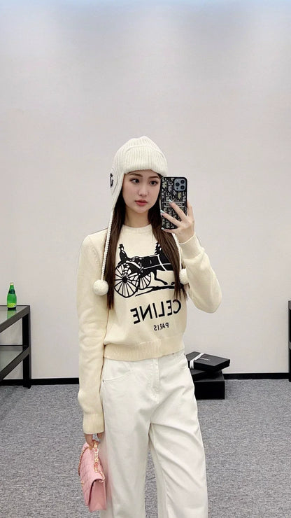 25 Crochet letter carriage knit sweater（Beigei/black）