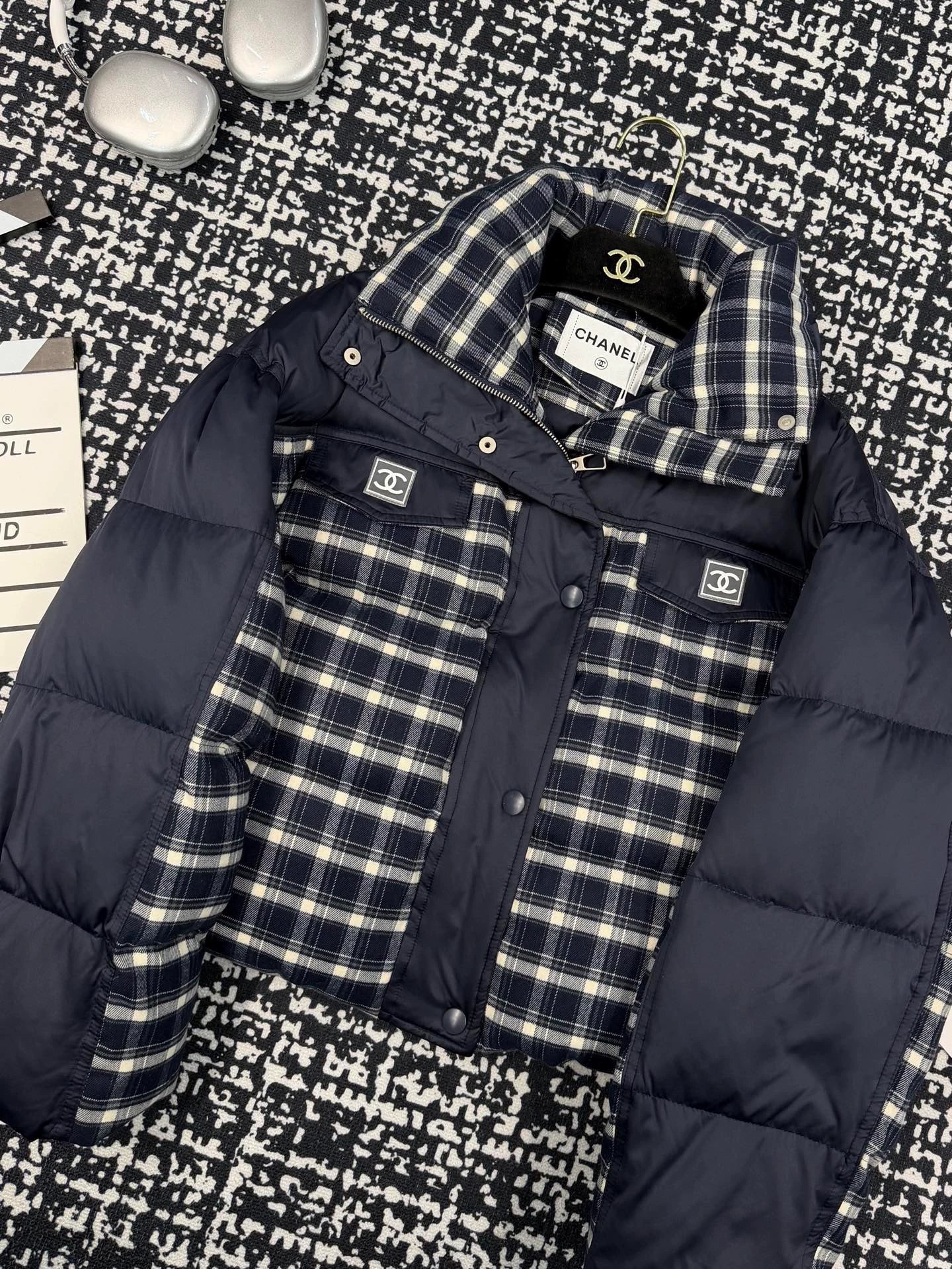 Plaid patchwork stand up collar goose down suit