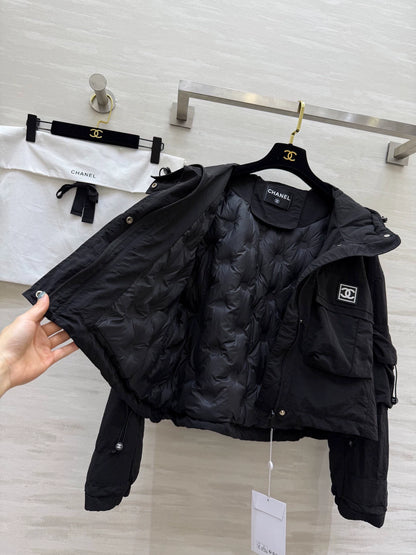 Hooded drawstring down jacket