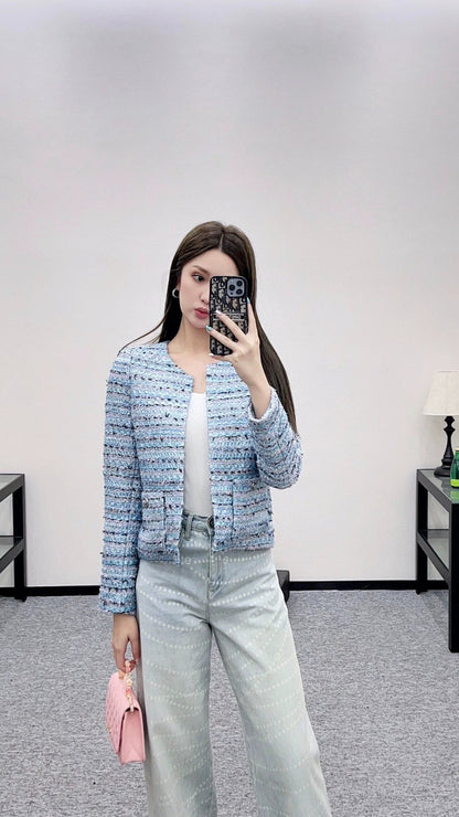 25fw Woolen striped round neck dress jacket