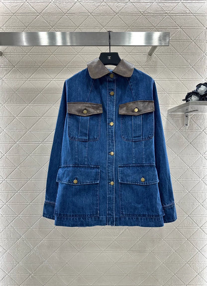 25fw Spliced leather silhouette denim jacket