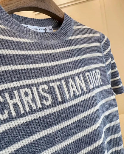 25 Summer new striped logo intarsia striped short-sleeved knitted top