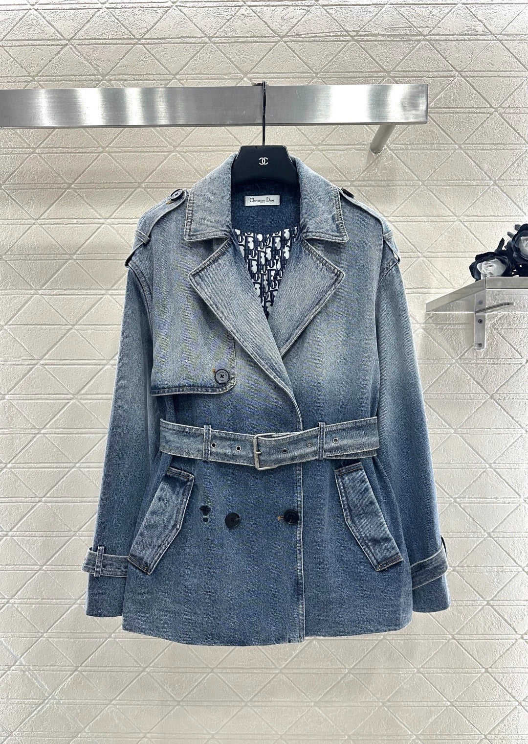 Printed denim mid length jacket