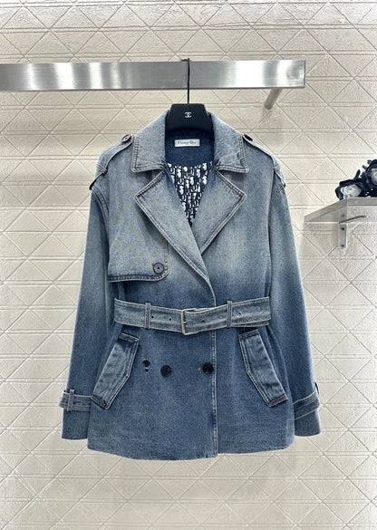 Printed denim mid length jacket