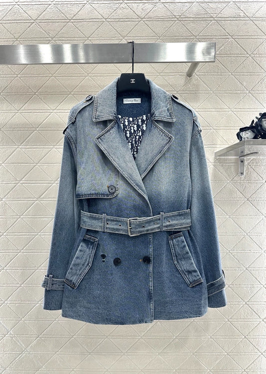 Printed denim mid length jacket