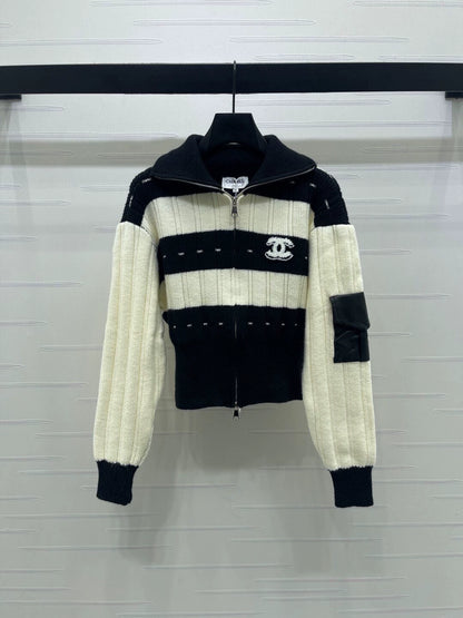 Stand up collar double zipper knitted cardigan