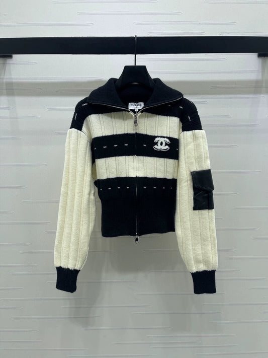 Stand up collar double zipper knitted cardigan