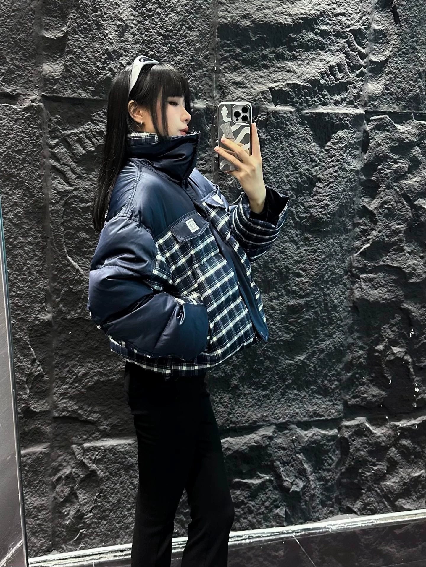 Plaid patchwork stand up collar goose down suit