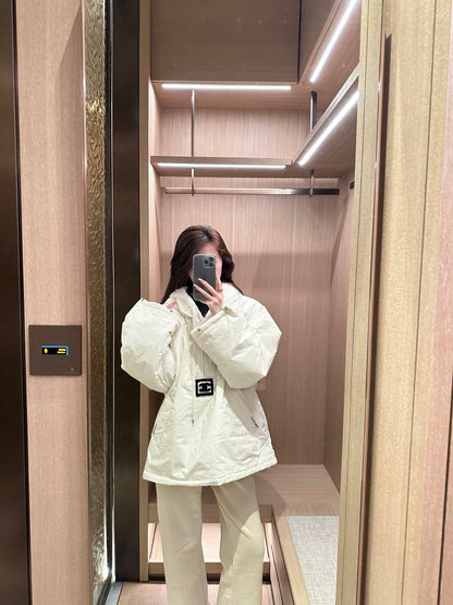 Hooded drawstring down cotton jacket