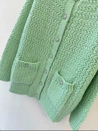 Mint green hollow knitted cardigan