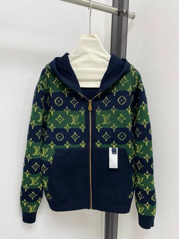 Double sided jacquard zipper hooded jacket