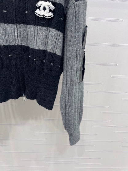 Stand up collar double zipper knitted cardigan