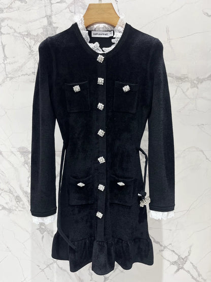 25fw Black diamond velvet chenille knit dress