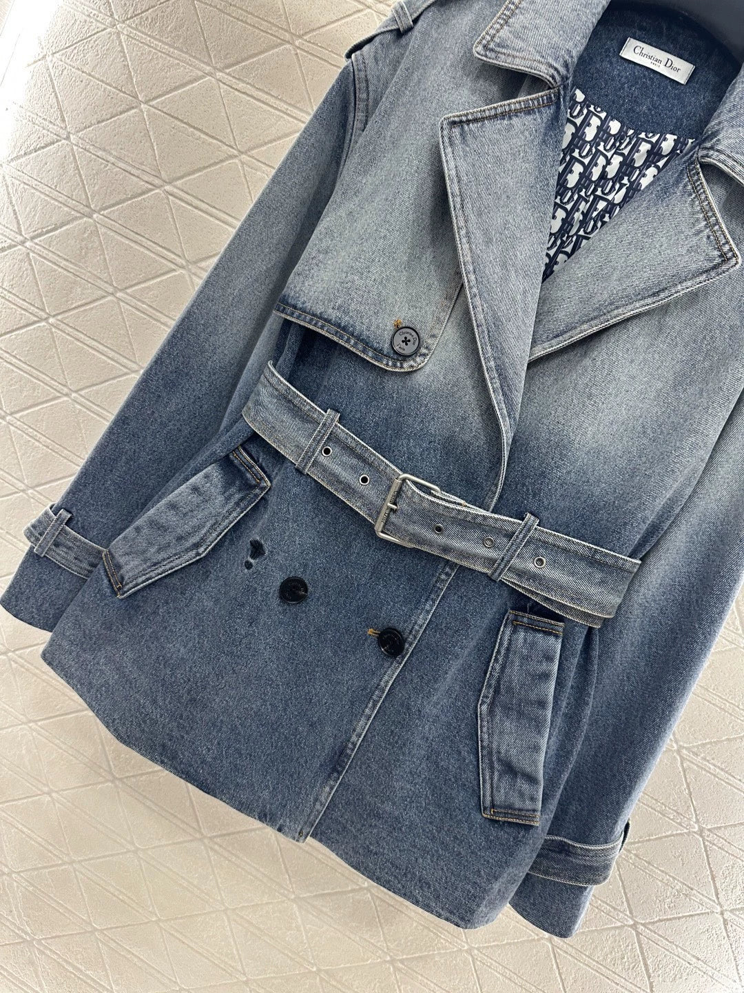 Printed denim mid length jacket