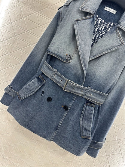 Printed denim mid length jacket
