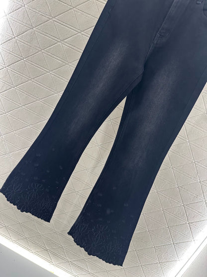 25fw Embroidered flower denim micro flared pants