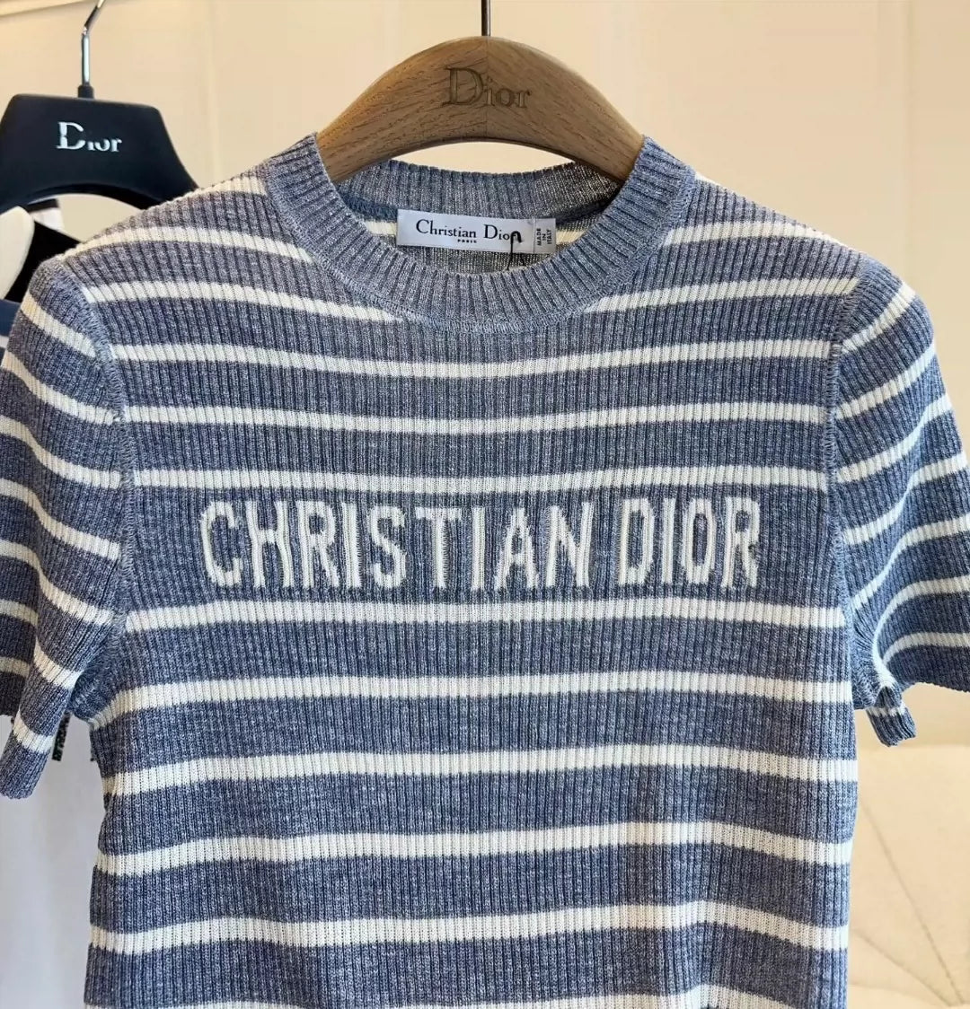 25 Summer new striped logo intarsia striped short-sleeved knitted top