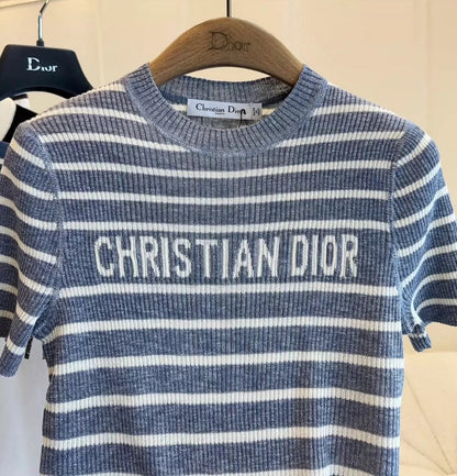 25 Summer new striped logo intarsia striped short-sleeved knitted top