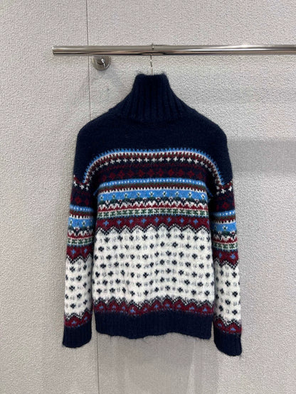 Ethnic style high necked knitted sweater