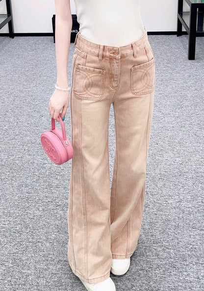 Pink ground white straight leg denim pants