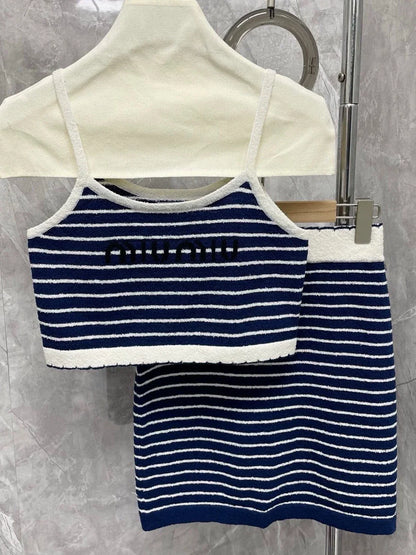 25 Summer new dark blue striped sweater suspender top + skirt set