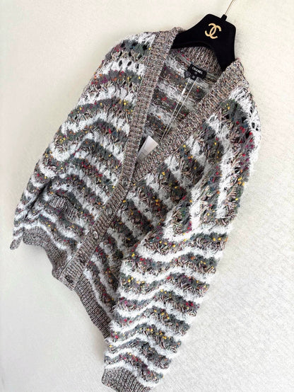 25fw Striped hollow knitted cardigan