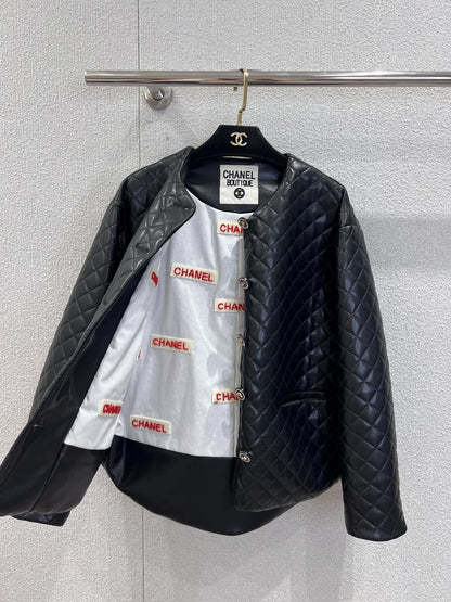 Diamond-patterned leather cotton-padded jacket