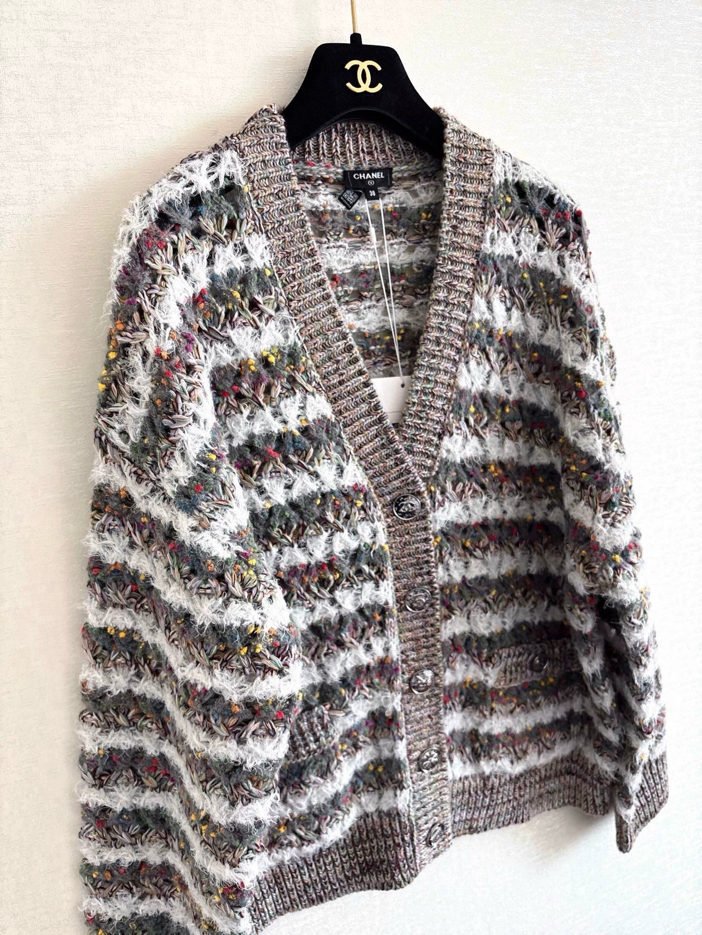 25fw Striped hollow knitted cardigan