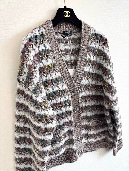25fw Striped hollow knitted cardigan