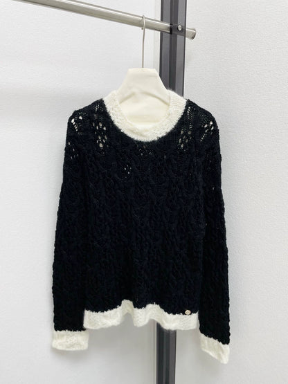 25fw Black and white color blocked hollow knitted sweater