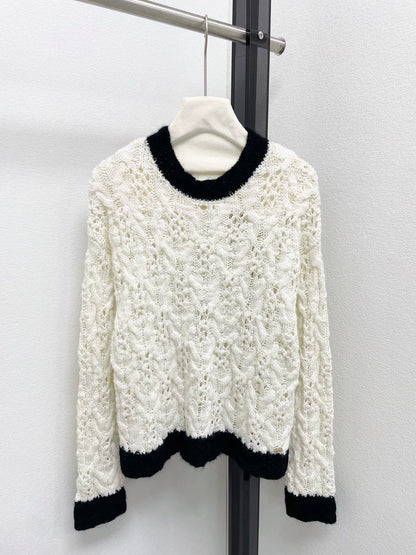 25fw Black and white color blocked hollow knitted sweater
